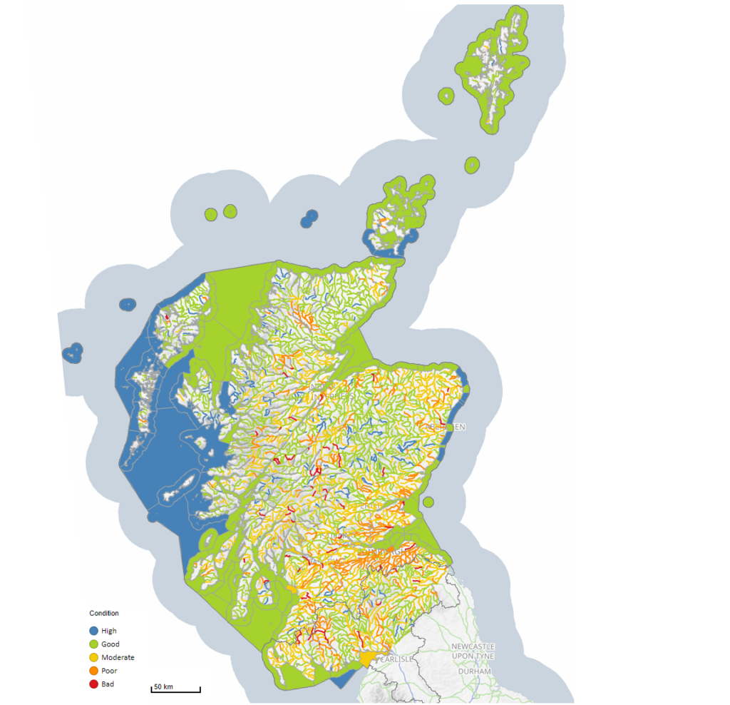 Map of Scotland showing water quality condition of Scottish surface water bodies, 2022.