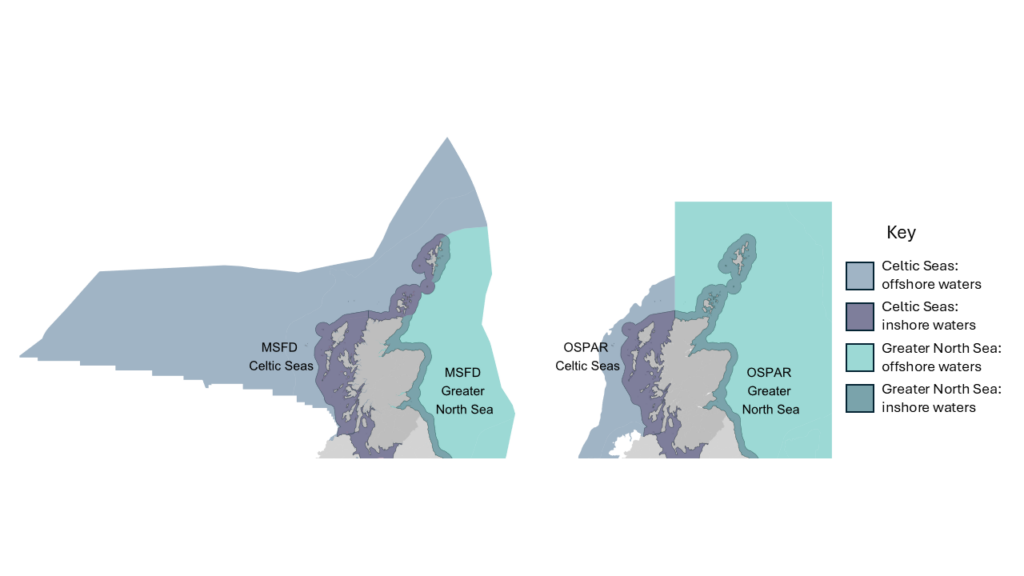 Map showing comparison of Marine Strategy Framework Directive subregion and OSPAR region spatial extents for “Celtic Seas” and “Greater North Sea”Sources: OSPAR Regions and Subregions (OSPAR, 2017), National Marine Plan Interactive (2024)