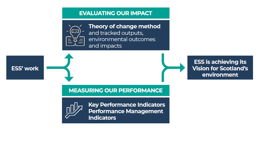 A graphic explaining ESS’ approach to assessing impact and performance 