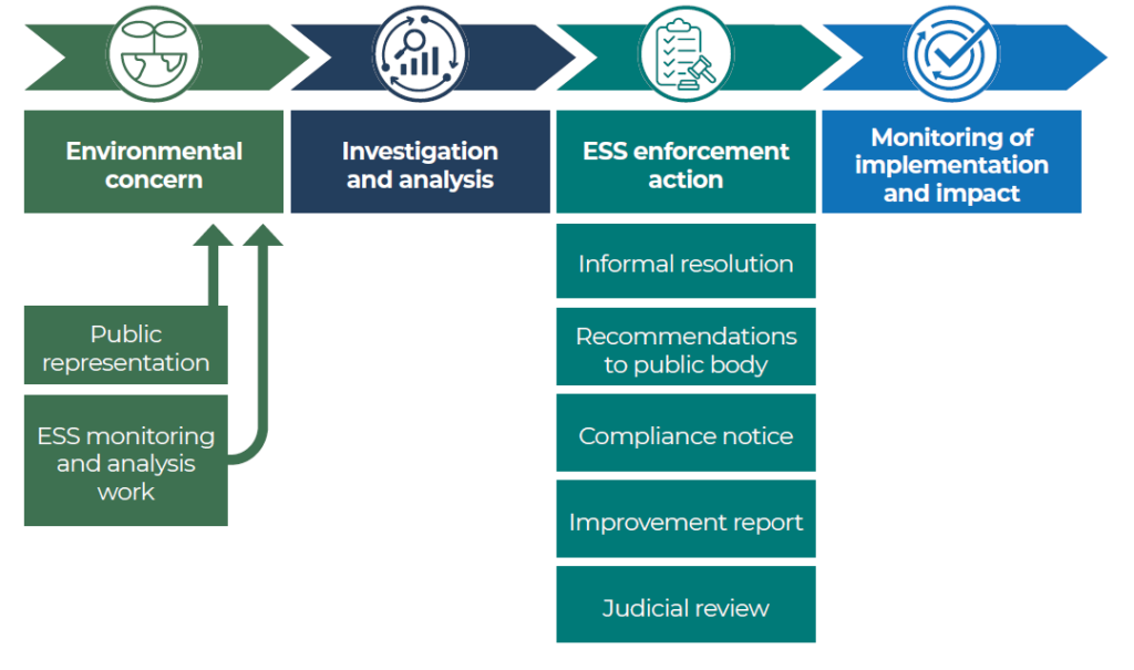A graphic explaining ESS’ process for scrutinising environmental concerns 