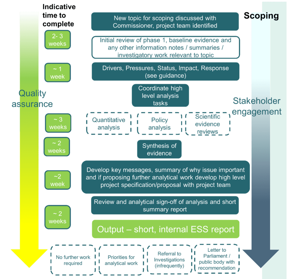 Flowchart illustrating a project scoping and analysis process with timelines for quality assurance and stakeholder engagement. Key stages include topic discussion, evidence review, high-level analysis coordination, synthesis of evidence, message development, and final report output, with durations ranging from one to three weeks and options for further work or reporting.