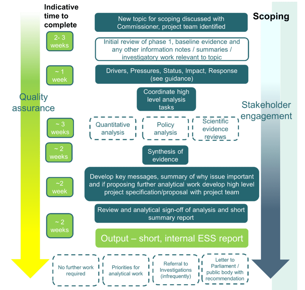 Flowchart illustrating a project scoping and analysis process with timelines for quality assurance and stakeholder engagement. Key stages include topic discussion, evidence review, high-level analysis coordination, synthesis of evidence, message development, and final report output, with durations ranging from one to three weeks and options for further work or reporting.